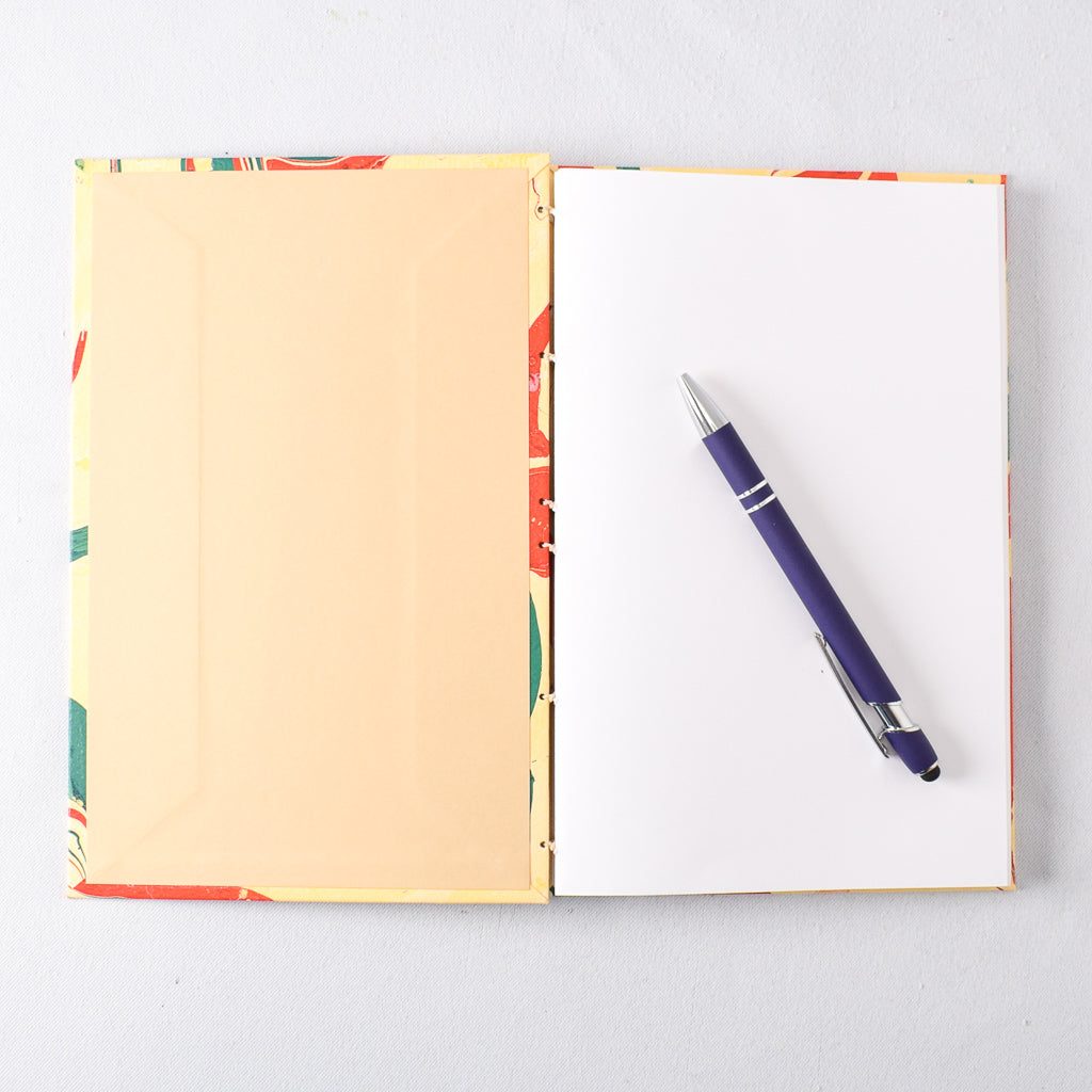 Large Handmade Journal with Yellow, Red, and Green Marbled Cover