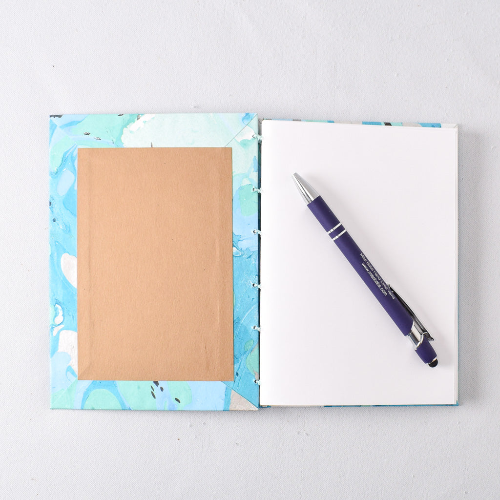 Medium Handmade Journal with Aqua, Turquoise, and Light Blue Marbled Paper Cover