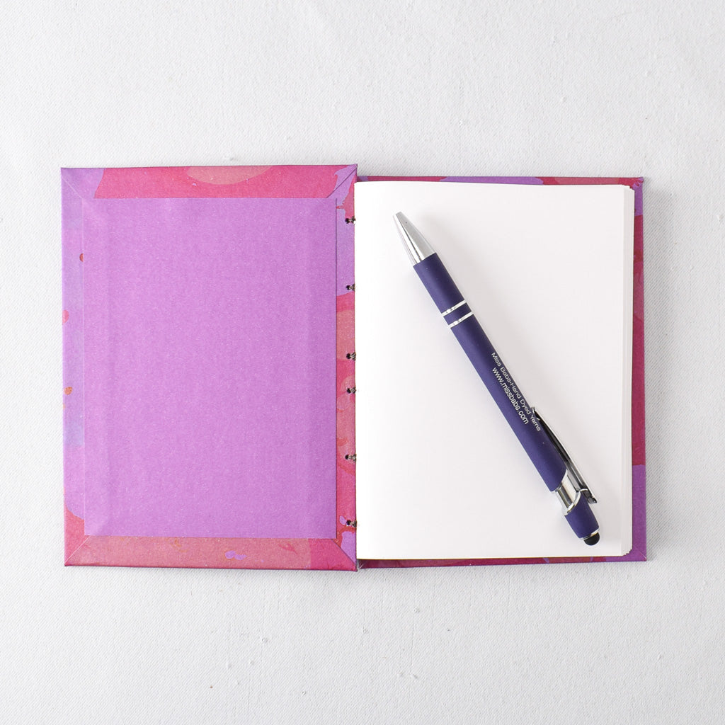 Small Handmade Journal with Magenta, Purple, and Dark Gold Marbled Cover