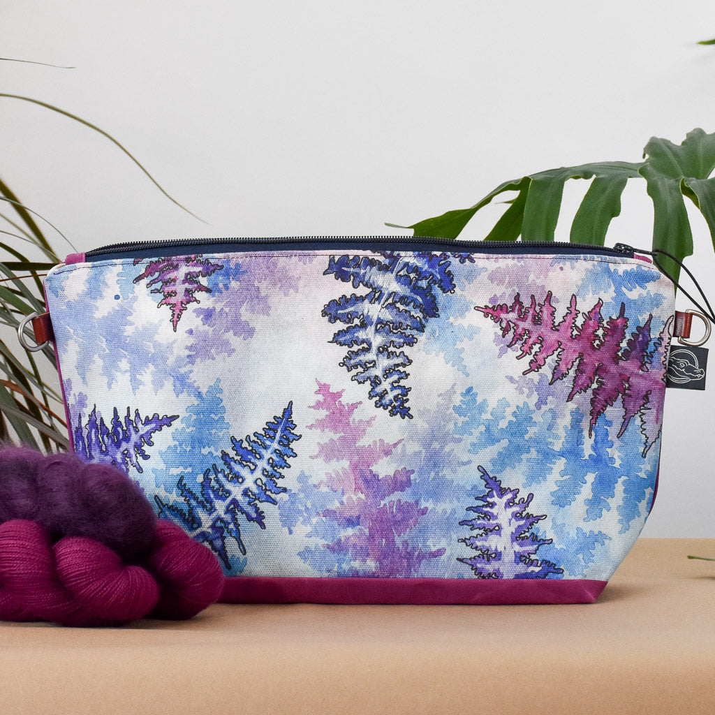 Deep Fuchsia with Winter Ferns Bag No. 5 - The Large Zip Project Bag