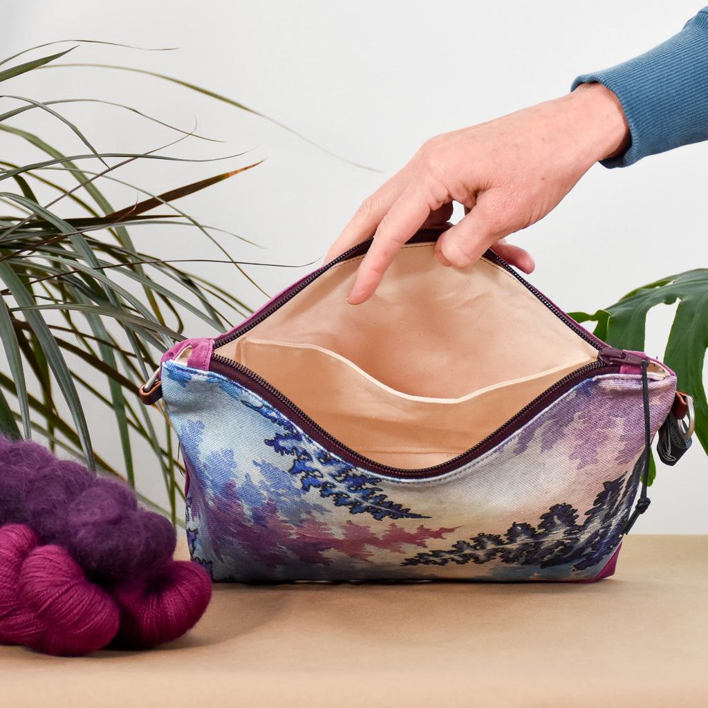 Deep Fuchsia with Winter Ferns Bag No. 6 - The Medium Zip Project Bag