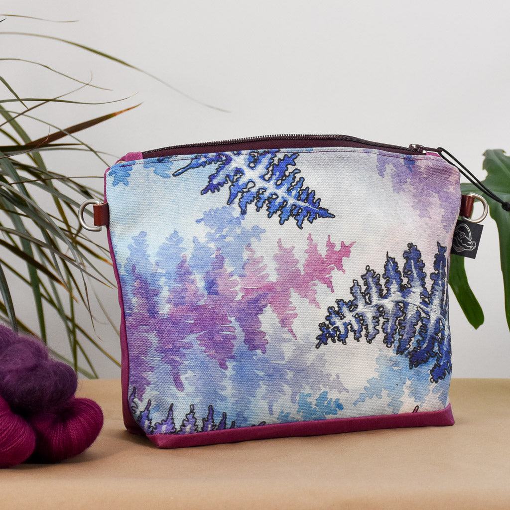 Deep Fuchsia with Winter Ferns Bag No. 6 - The Medium Zip Project Bag