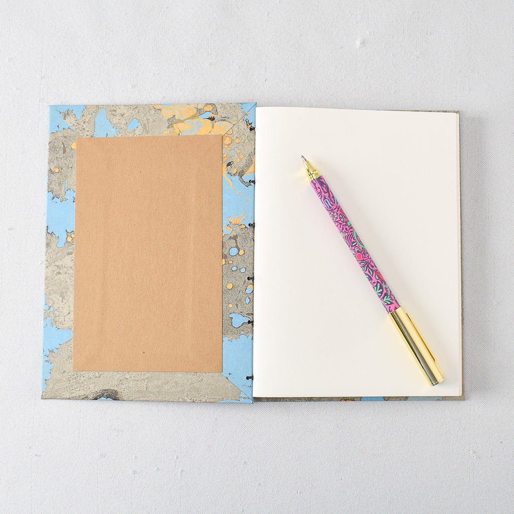 Medium Handmade Journal with Blue and Gold Marbled Cover