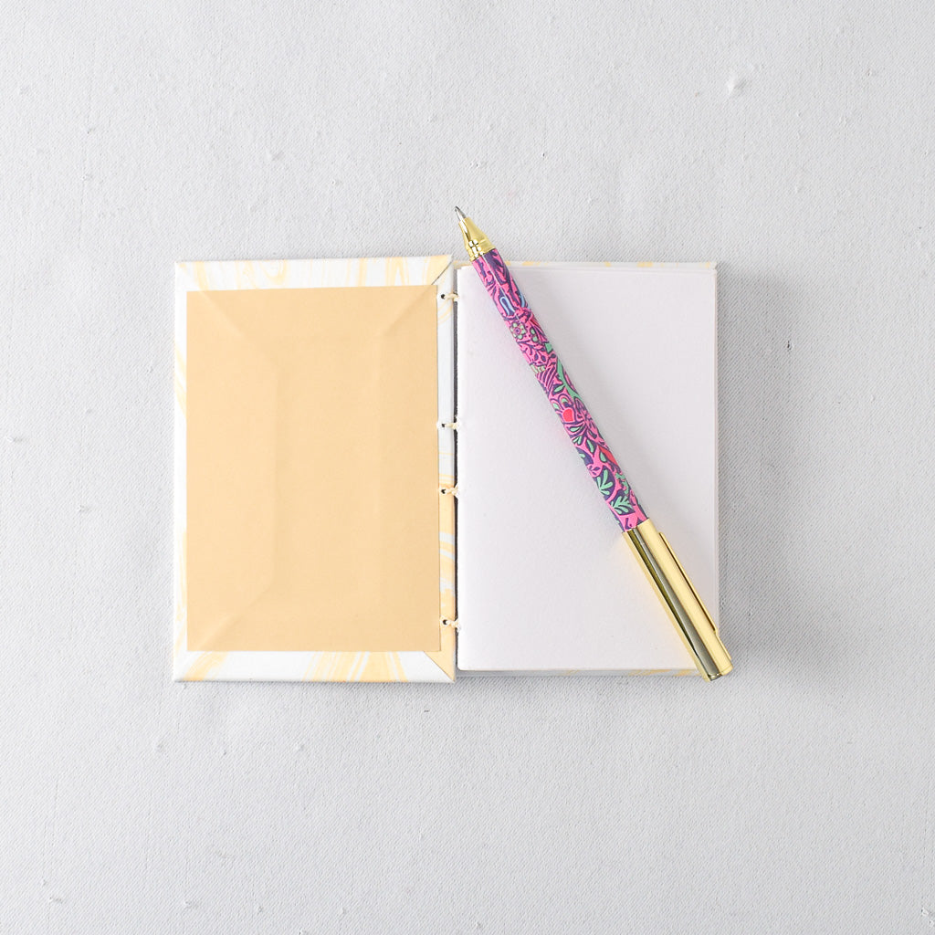 Pocket Handmade Journal with Blue and Yellow Marbled Cover