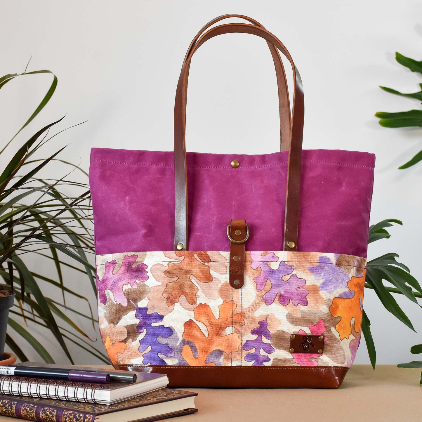 Deep Fuchsia with Oak Leaves Bag No. 3 - The Everywhere Bag