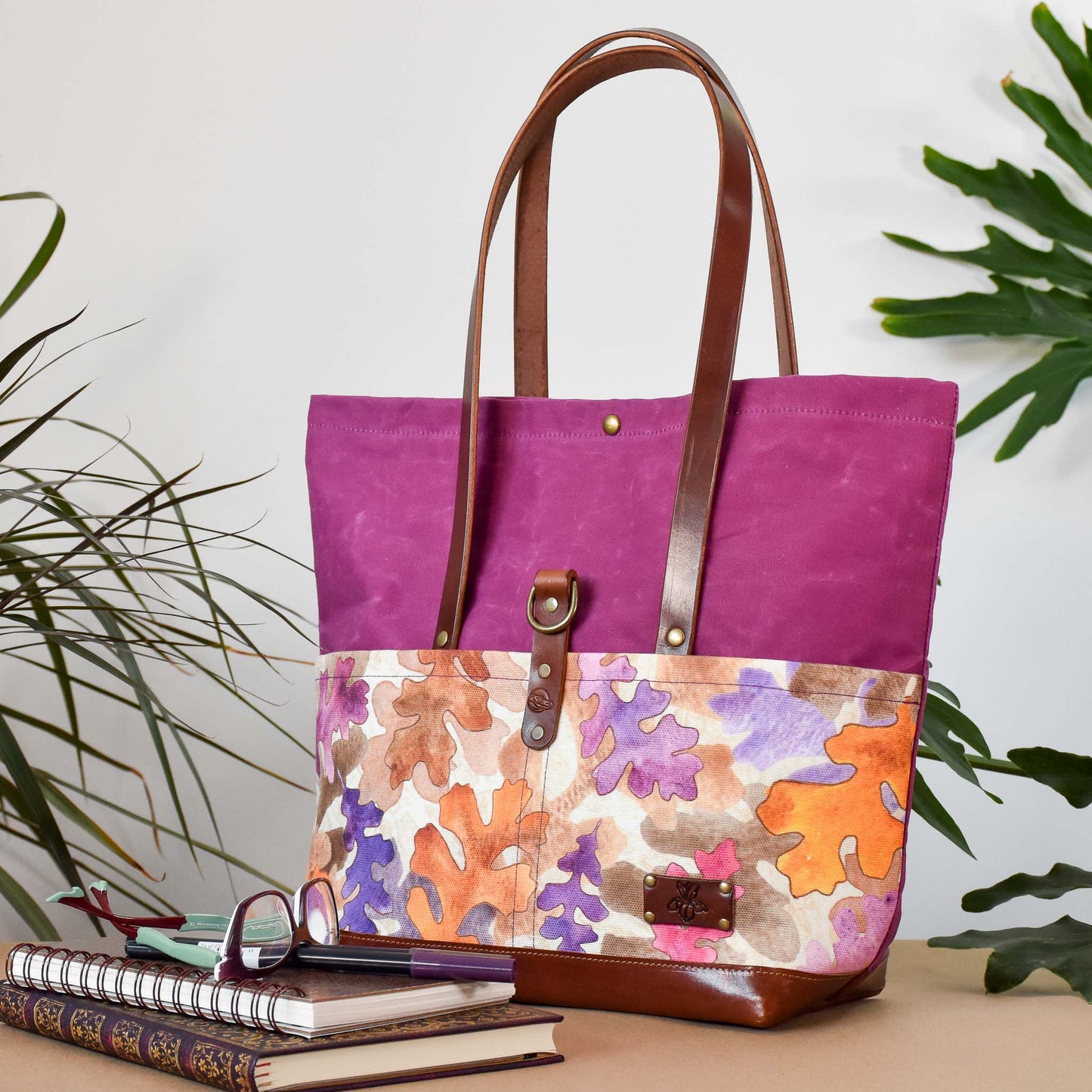 Deep Fuchsia with Oak Leaves Bag No. 3 - The Everywhere Bag