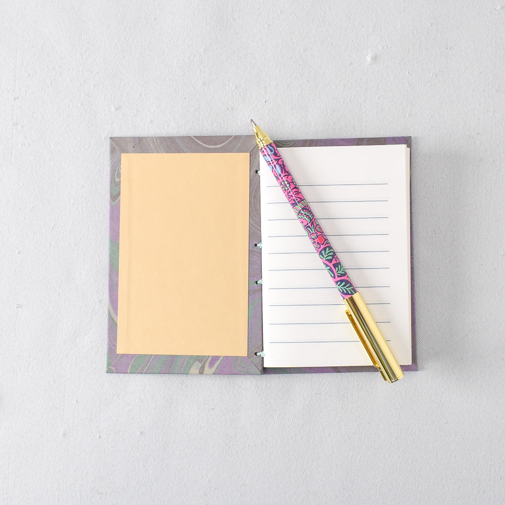 Pocket Handmade Journal with Purple and Green Marbled Cover