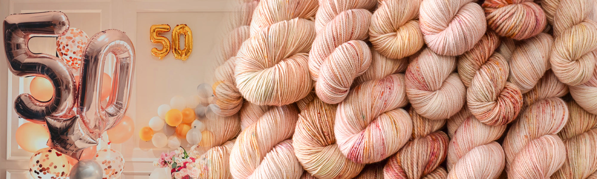 Photo illustration, yarn and 50th anniversary balloons