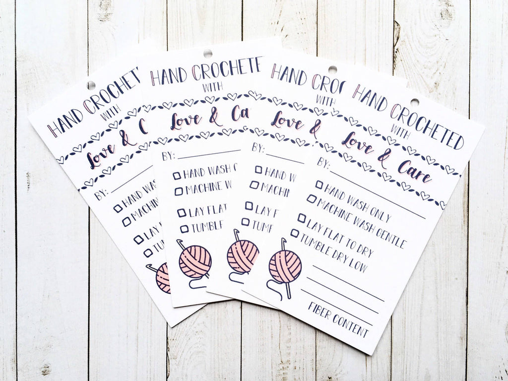 Hand Crochet with Care Instruction Tags - Pink, Set of 10
