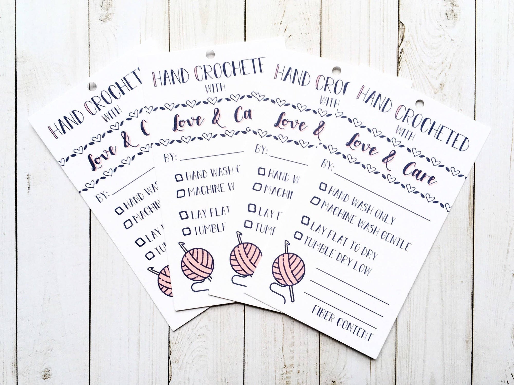 Hand Crochet with Care Instruction Tags - Pink, Set of 10
