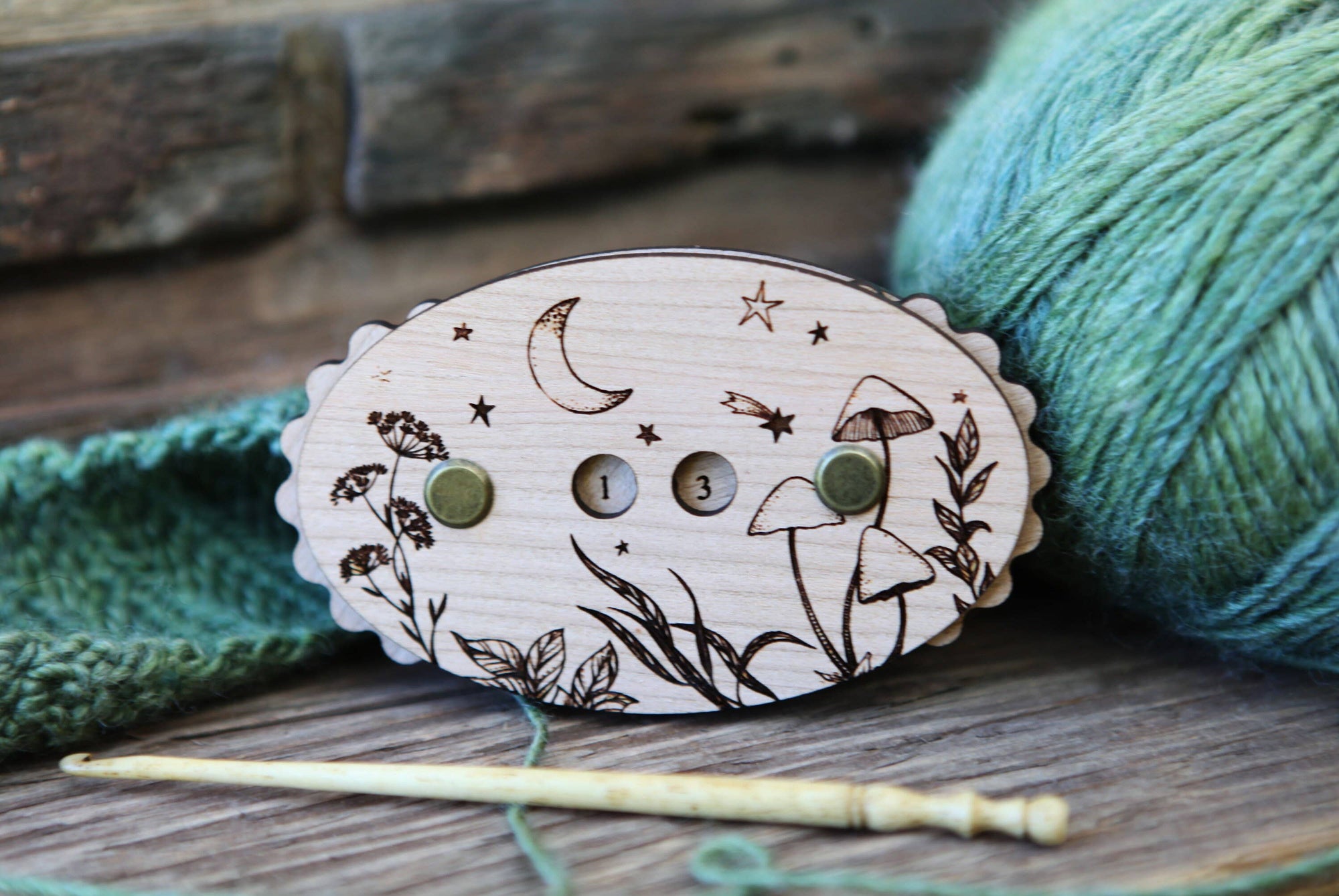 Sunrise Grove - Wooden Star & Moon Knitting Row Counter: Cherry