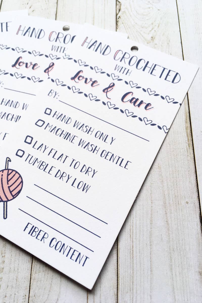 Hand Crochet with Care Instruction Tags - Pink, Set of 10