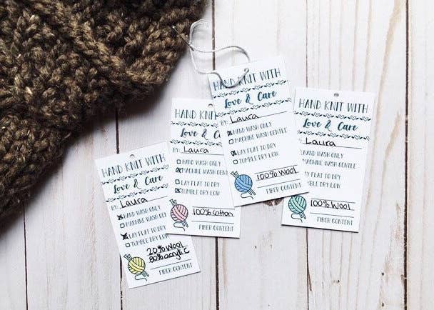 Hand Knit with Care Instruction Tags - Lavender, Set of 10