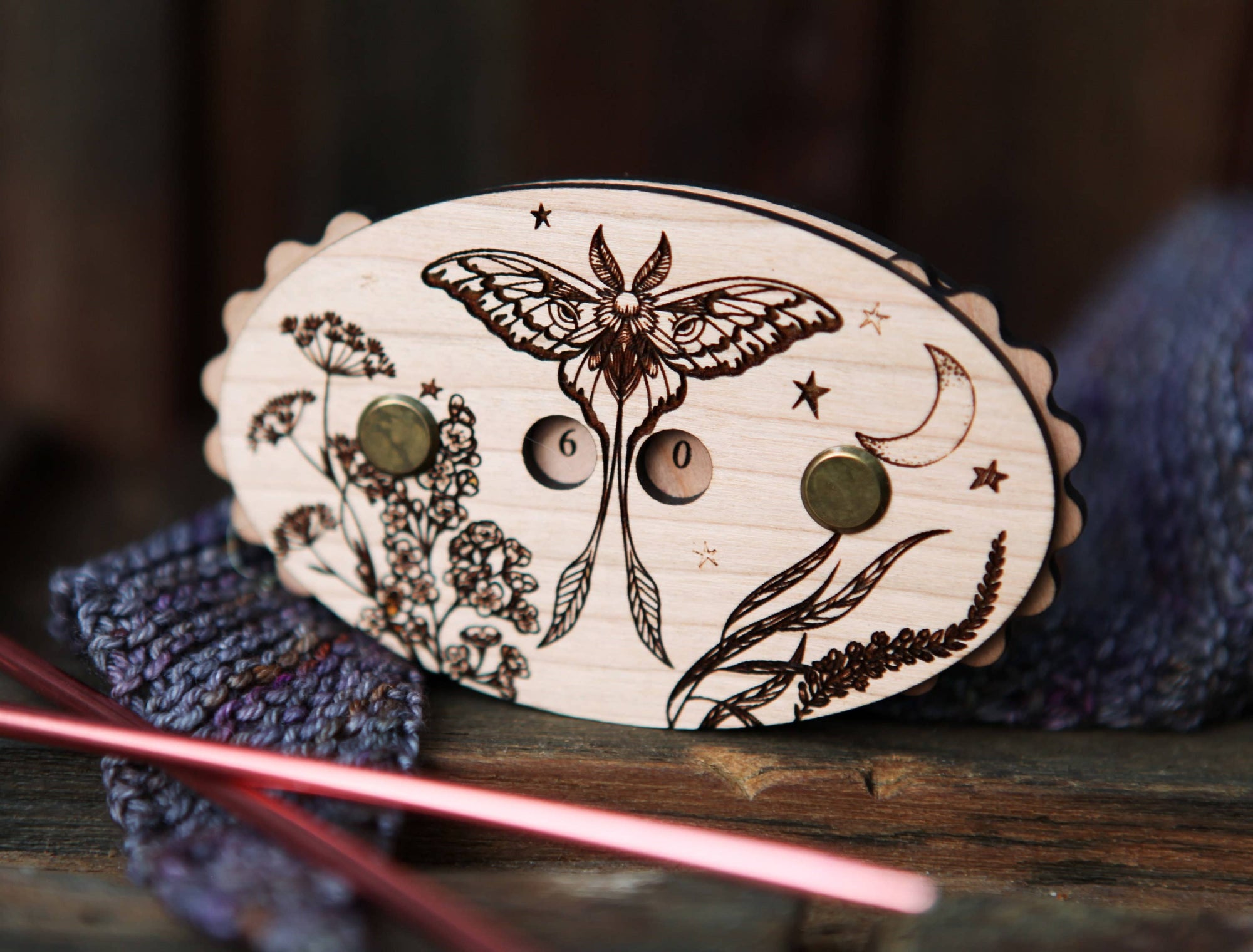 Sunrise Grove - Luna Moth Cherry Wood Knitting Row Counter with Stars & Moon