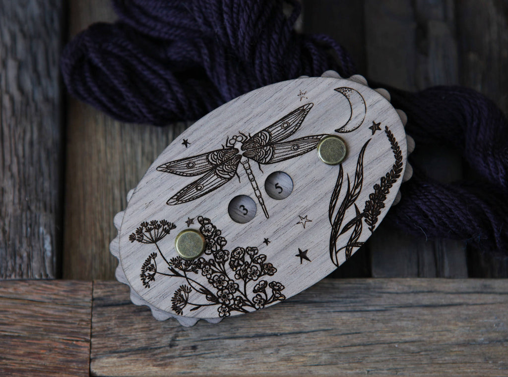Sunrise Grove - Maple Wood Dragonfly Knitting Row Counter with Stars & Moon: Maple