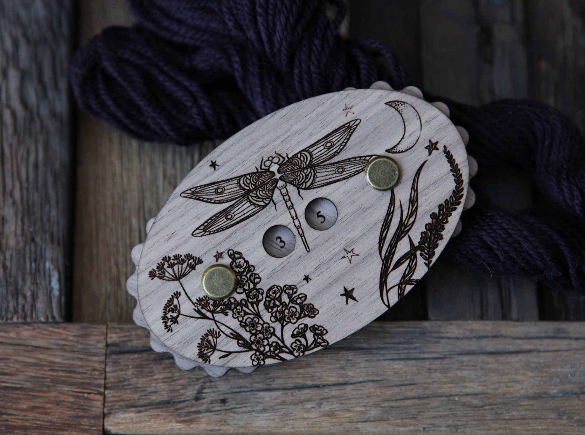 Sunrise Grove - Maple Wood Dragonfly Knitting Row Counter with Stars & Moon: Maple