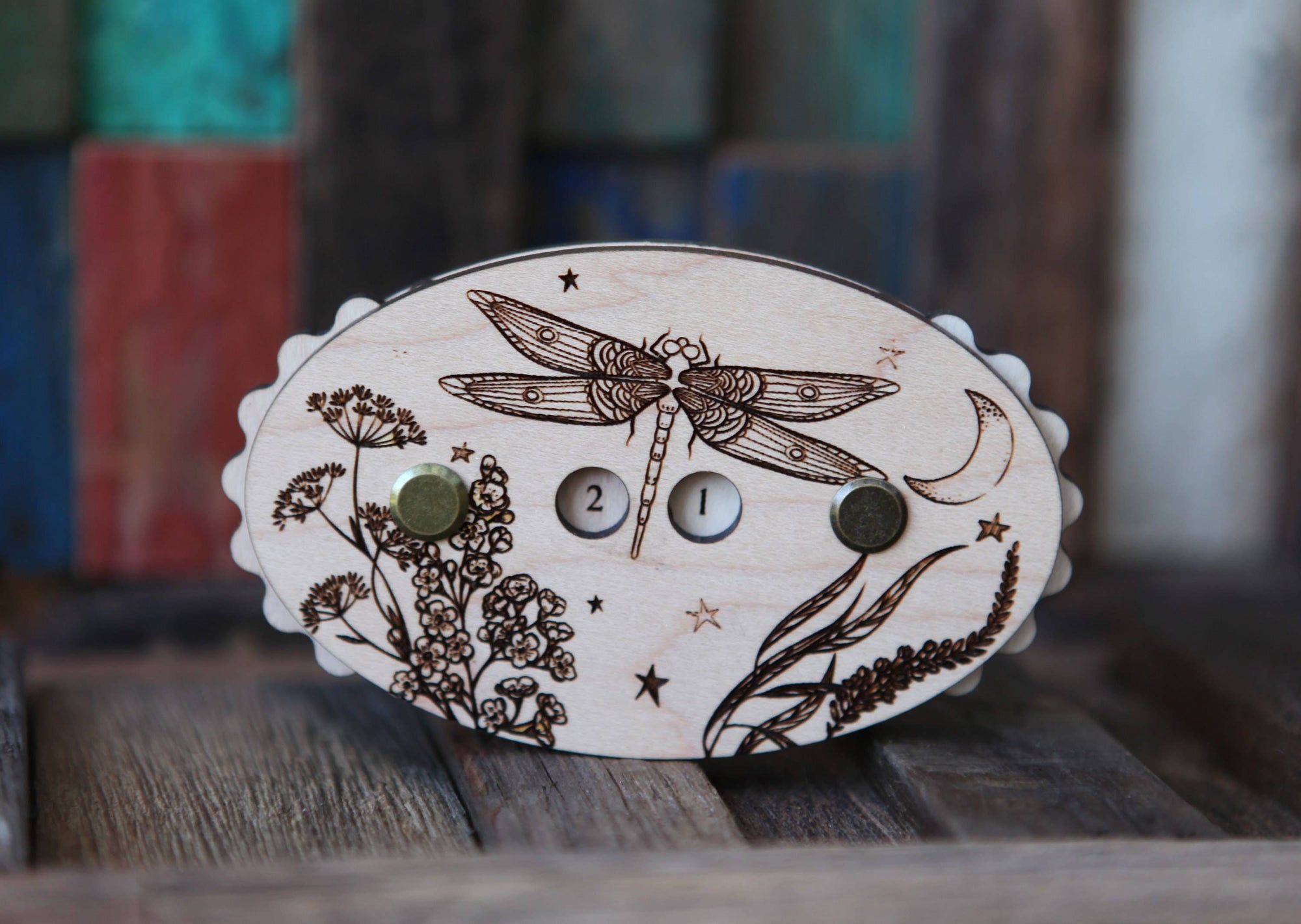 Sunrise Grove - Maple Wood Dragonfly Knitting Row Counter with Stars & Moon: Maple
