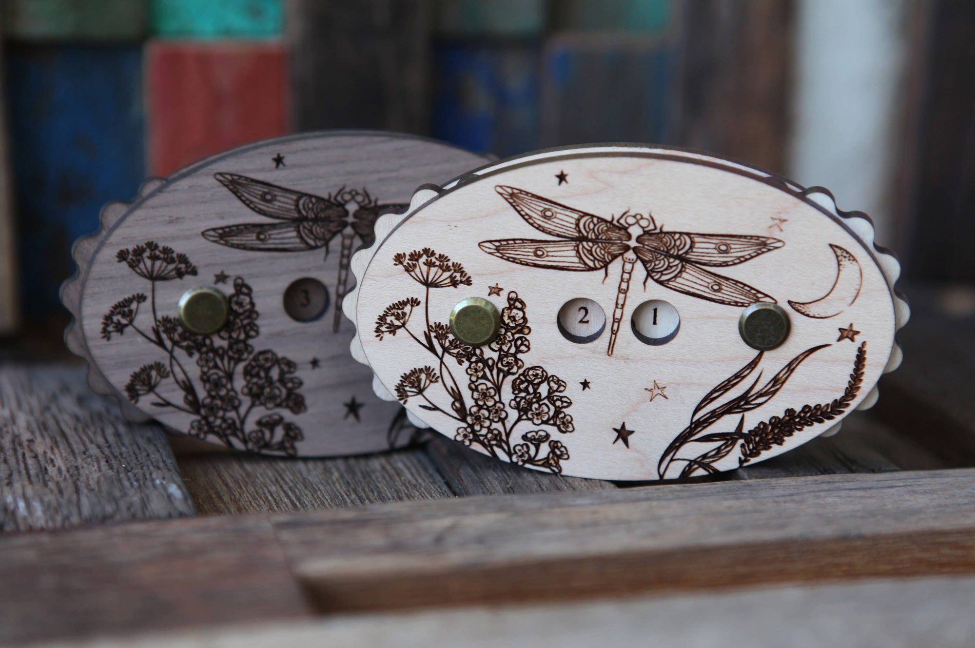 Sunrise Grove - Maple Wood Dragonfly Knitting Row Counter with Stars & Moon: Maple