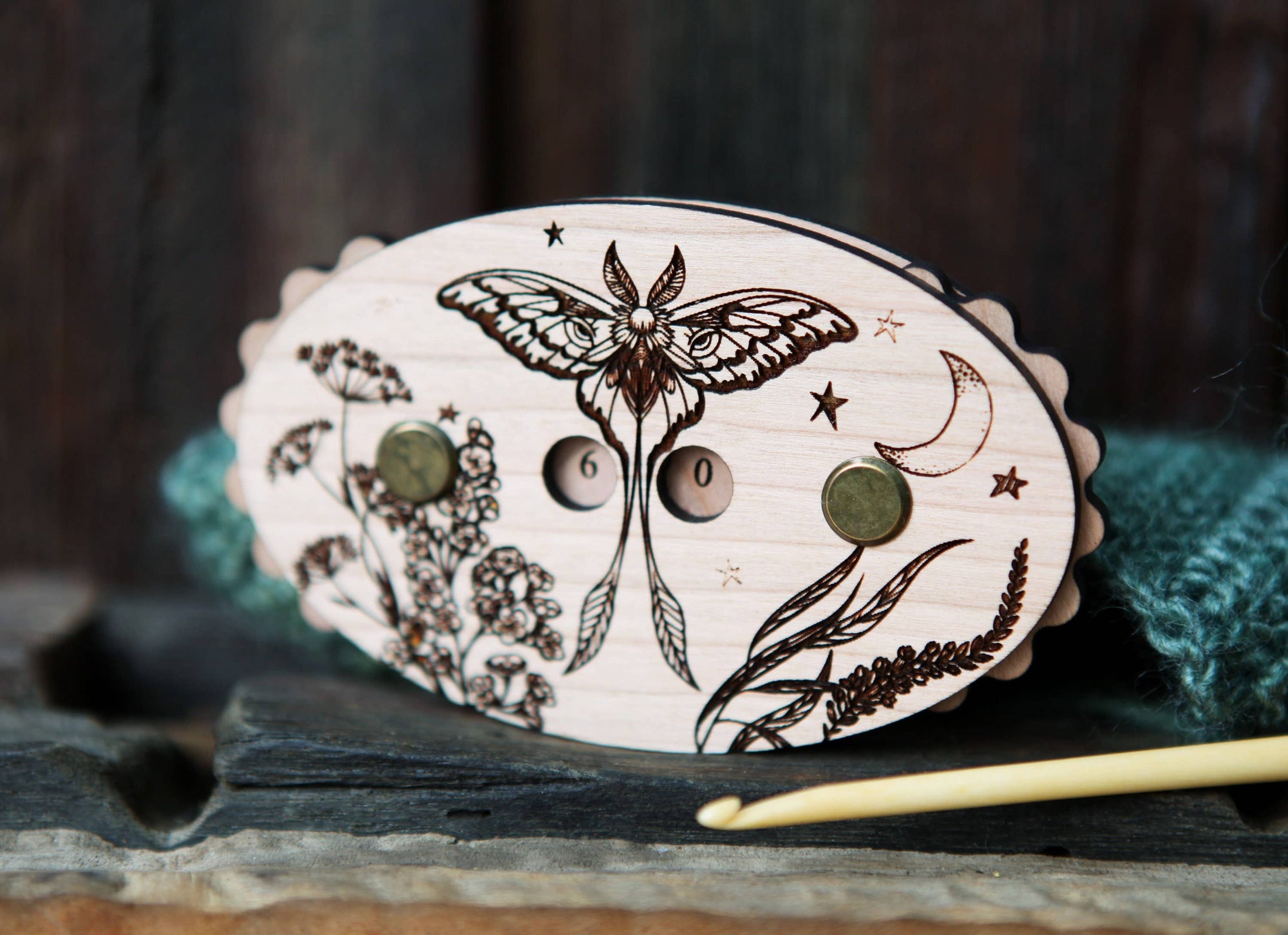 Sunrise Grove - Luna Moth Cherry Wood Knitting Row Counter with Stars & Moon