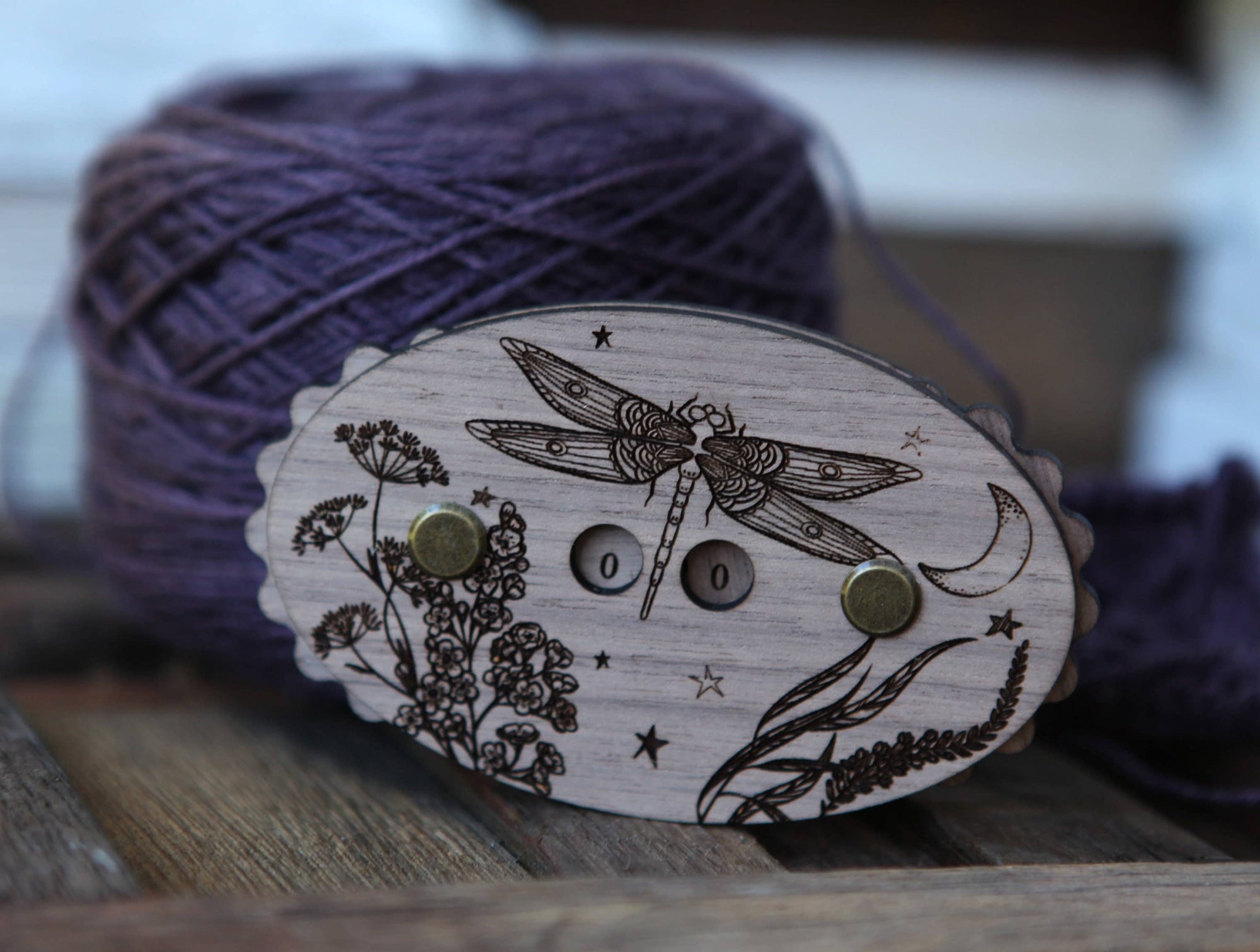 Sunrise Grove - Maple Wood Dragonfly Knitting Row Counter with Stars & Moon: Maple