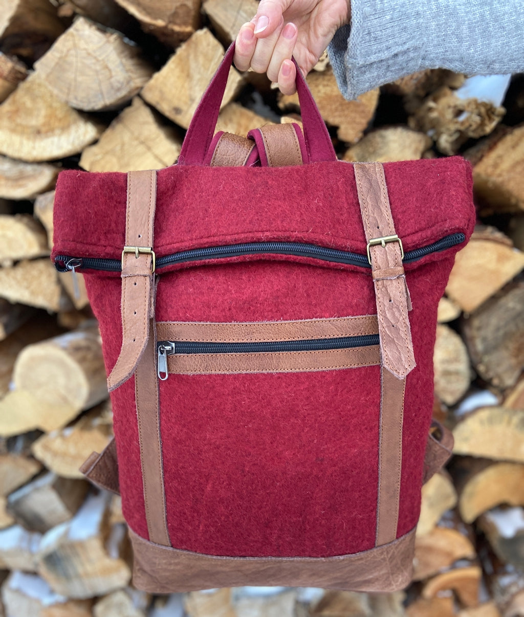 Fibres of Life Felt and Natural Leather Backpack - Brick