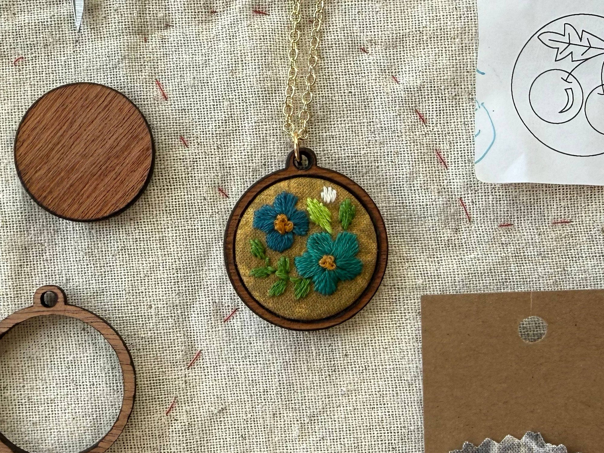 Blue Flowers Embroidery Necklace Kit
