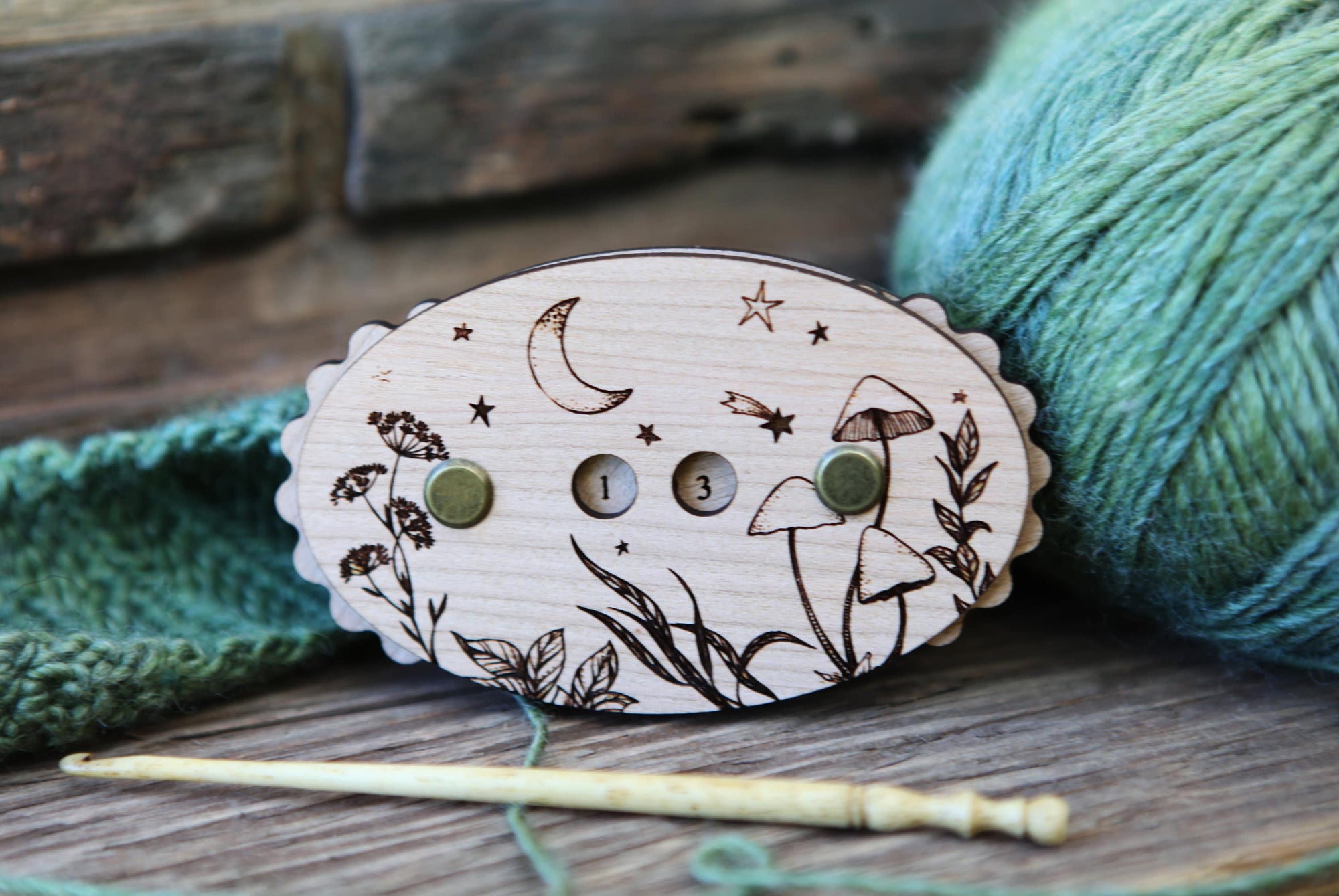 Sunrise Grove - Wooden Star & Moon Knitting Row Counter: Cherry