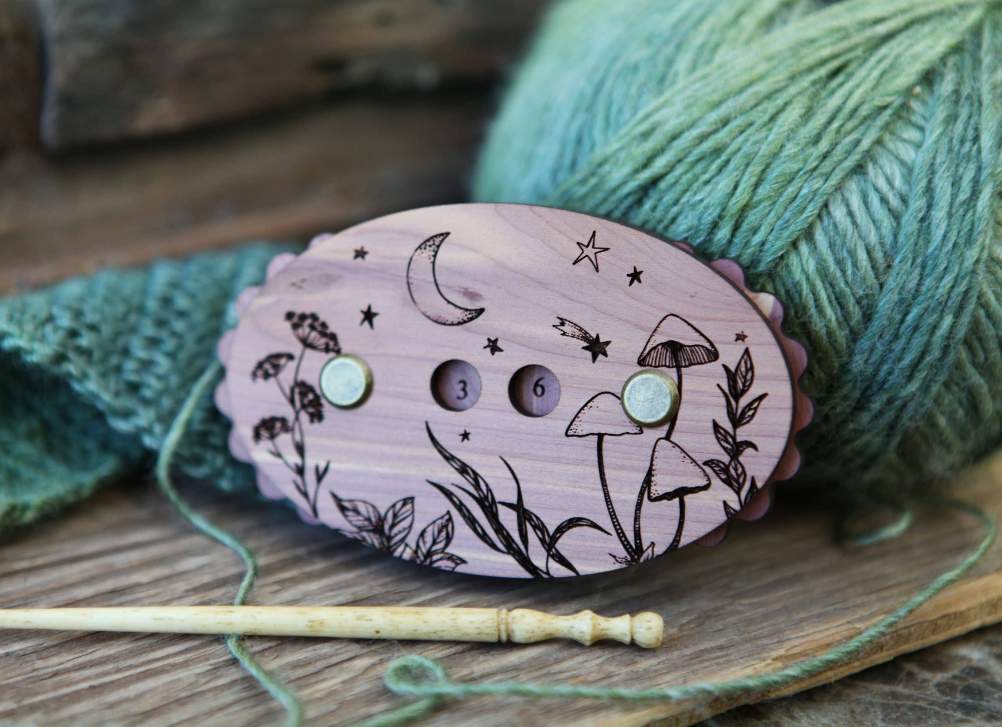Sunrise Grove - Wooden Star & Moon Knitting Row Counter: Cherry