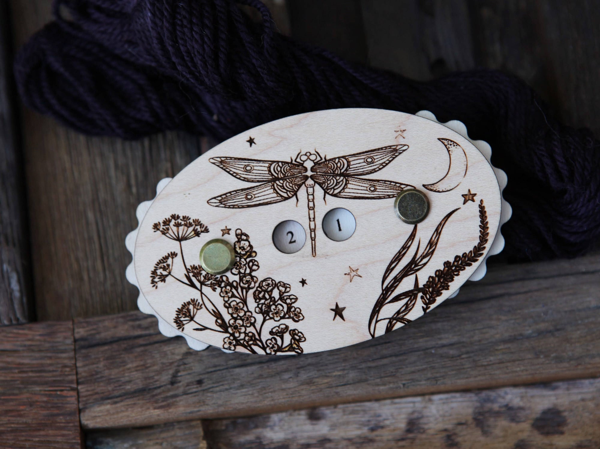Sunrise Grove - Maple Wood Dragonfly Knitting Row Counter with Stars & Moon: Maple