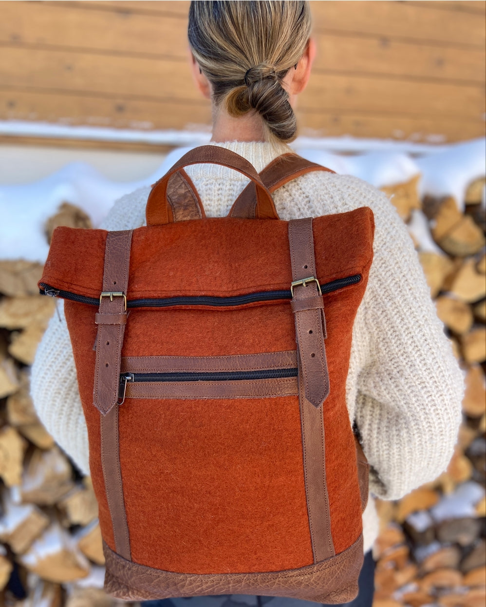 Fibres of Life Felt and Natural Leather Backpack - Pumpkin