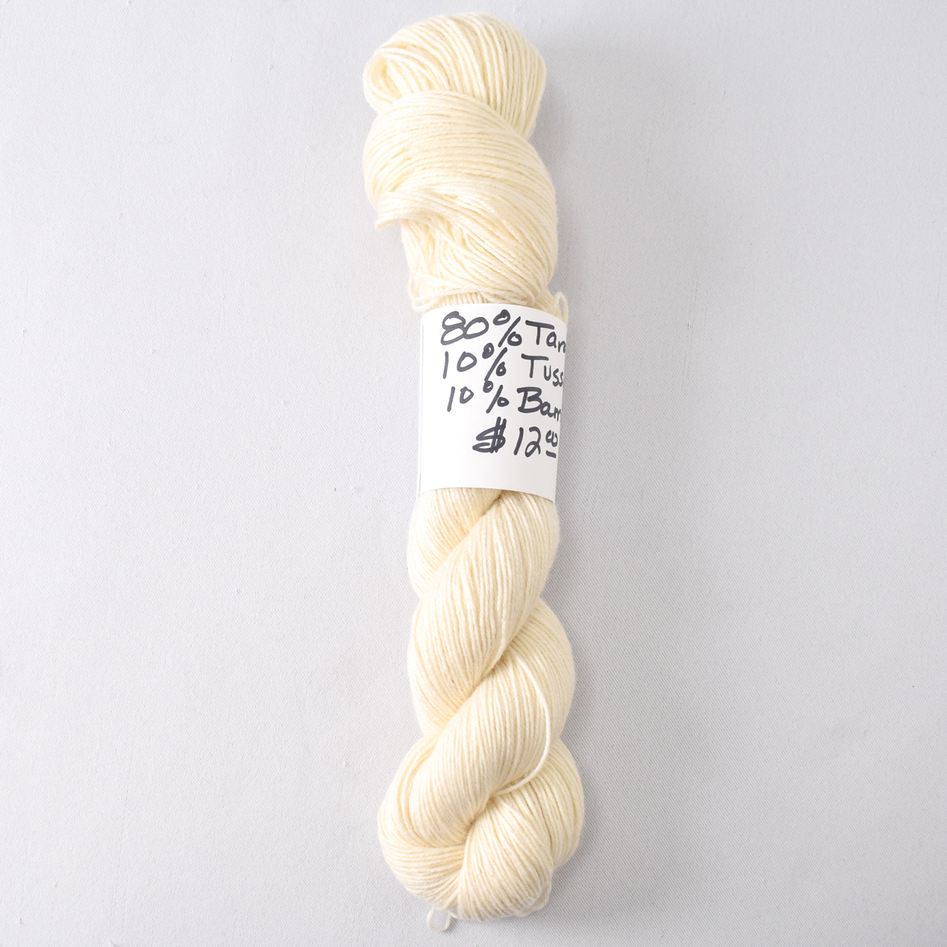 80% Targhee, 10% Tussah Silk, 10% Bamboo. Unknown yardage. 3.7 oz. - Miss Babs Undyed Test Yarn