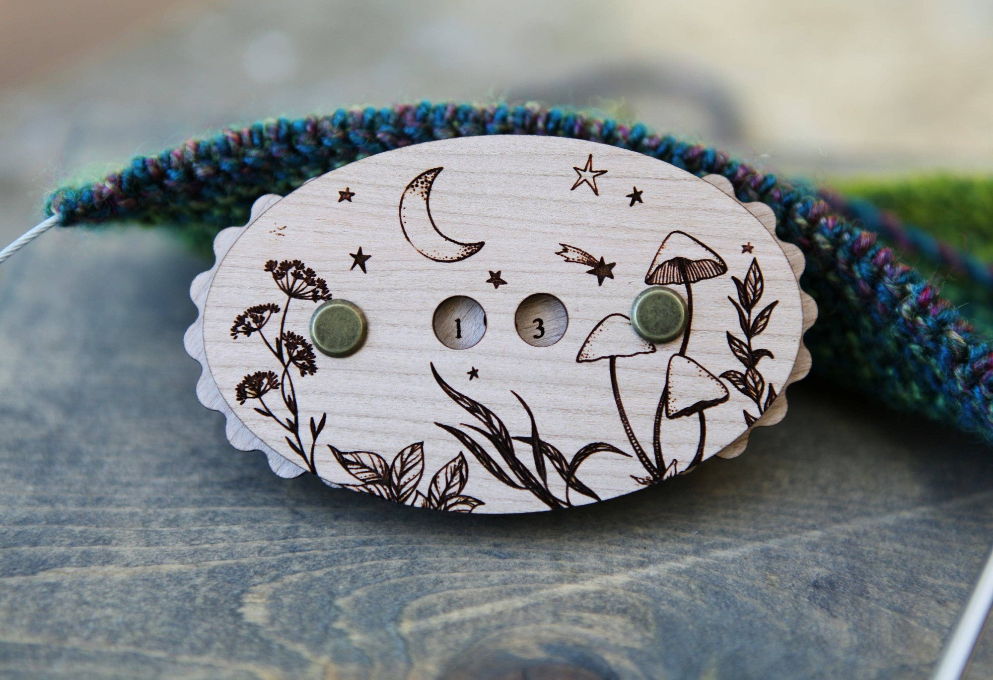 Sunrise Grove - Wooden Star & Moon Knitting Row Counter: Cherry