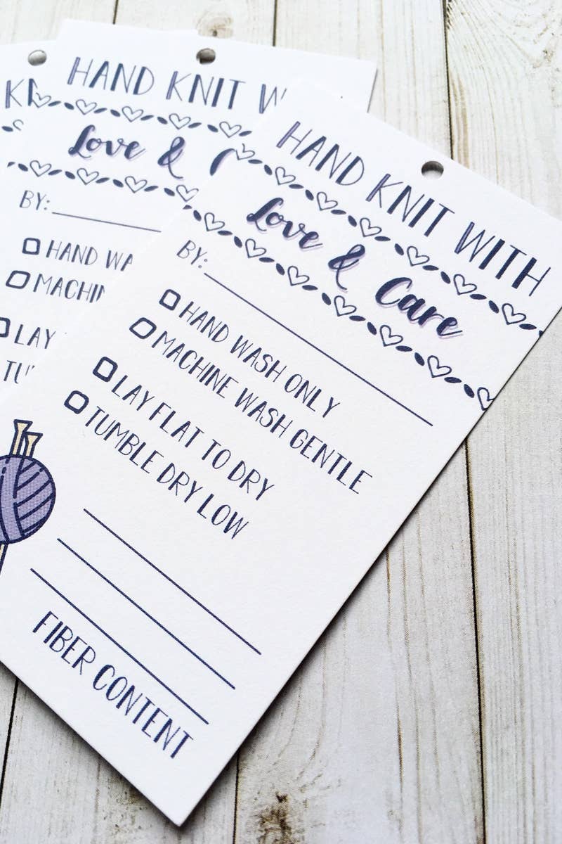 Hand Knit with Care Instruction Tags - Lavender, Set of 10