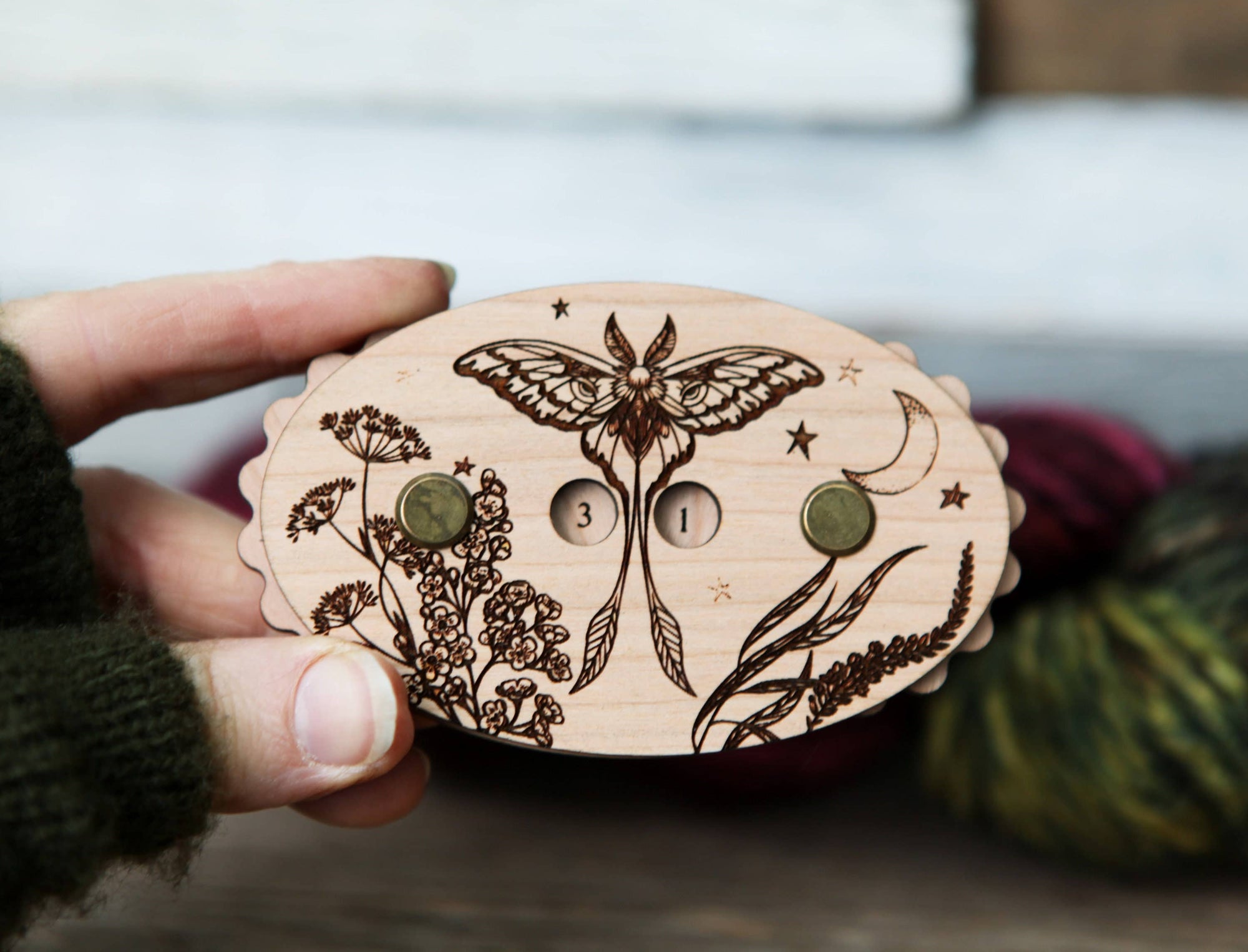 Sunrise Grove - Luna Moth Cherry Wood Knitting Row Counter with Stars & Moon