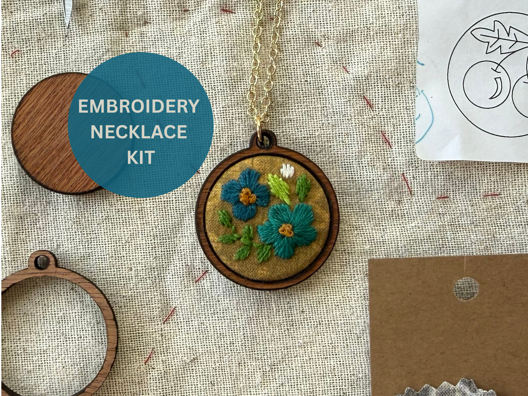 Blue Flowers Embroidery Necklace Kit