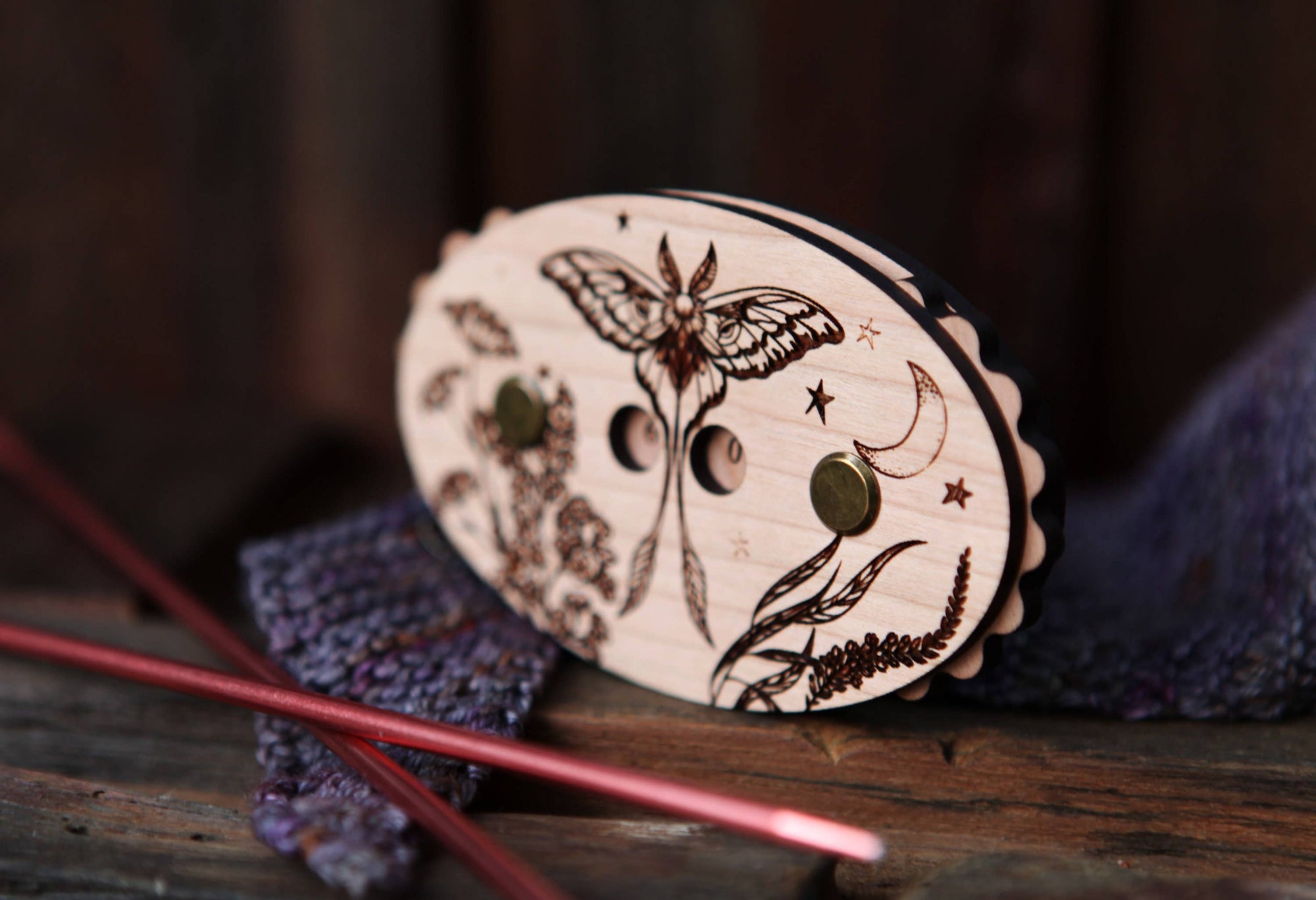 Sunrise Grove - Luna Moth Cherry Wood Knitting Row Counter with Stars & Moon