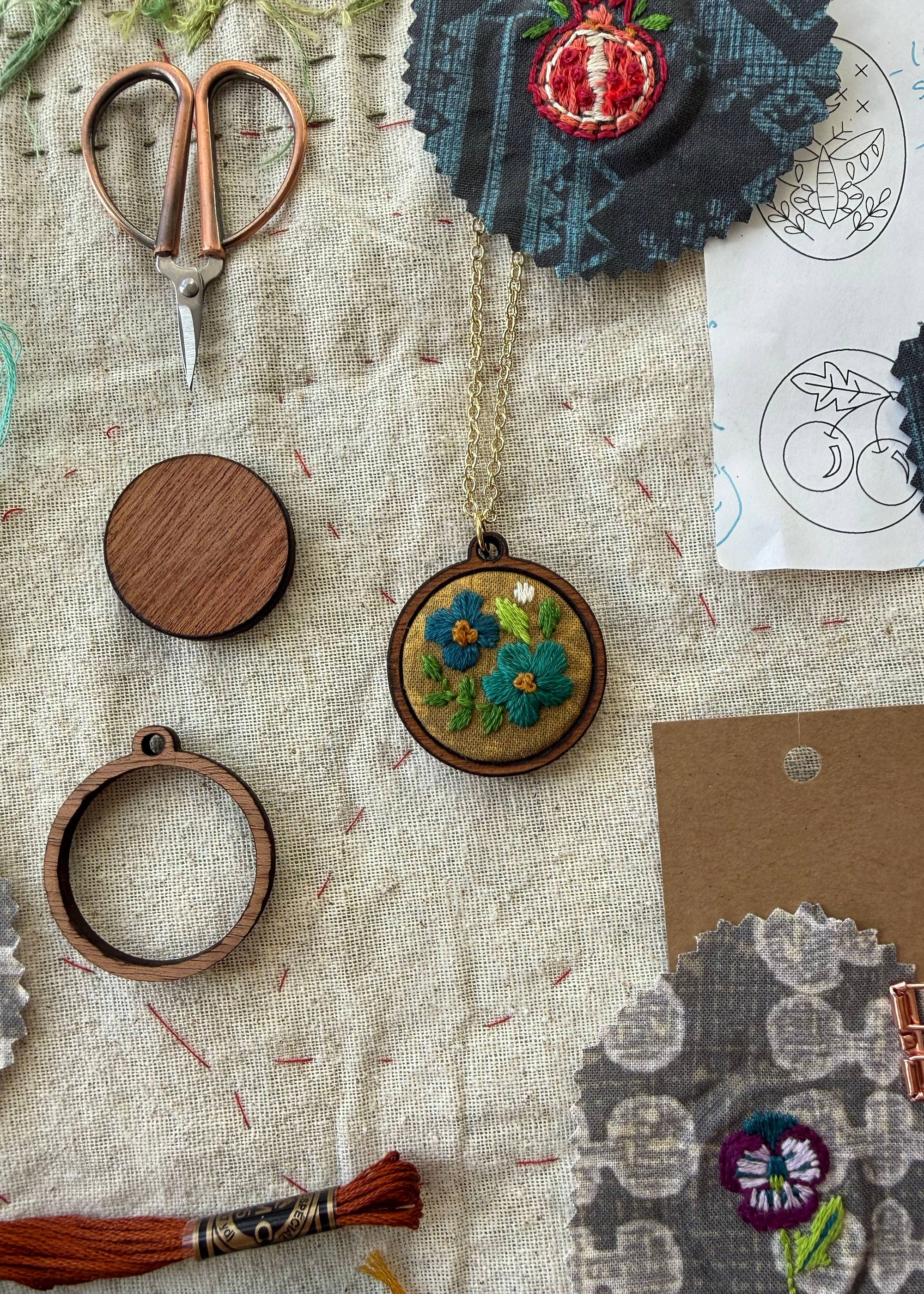 Blue Flowers Embroidery Necklace Kit