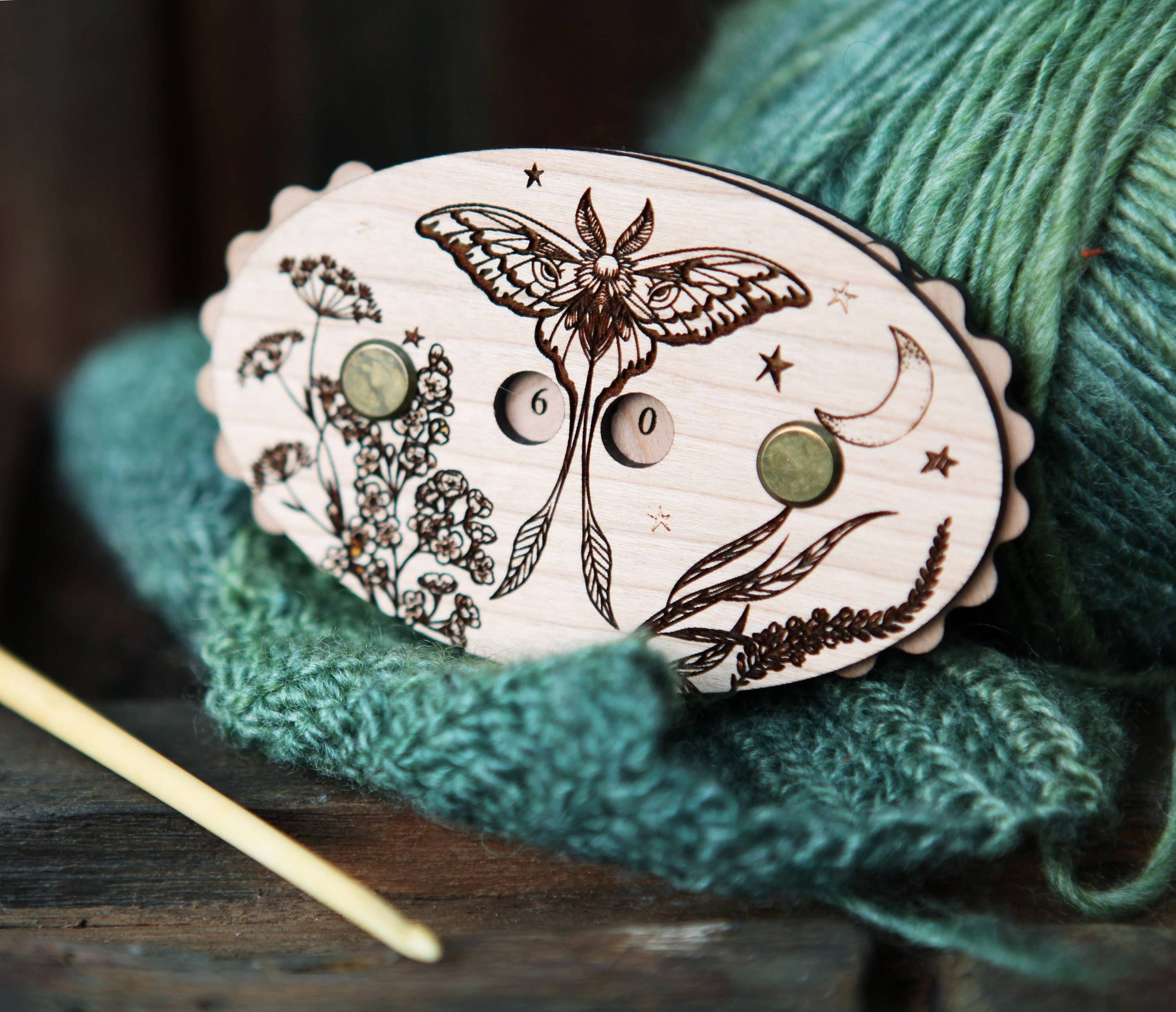 Sunrise Grove - Luna Moth Cherry Wood Knitting Row Counter with Stars & Moon