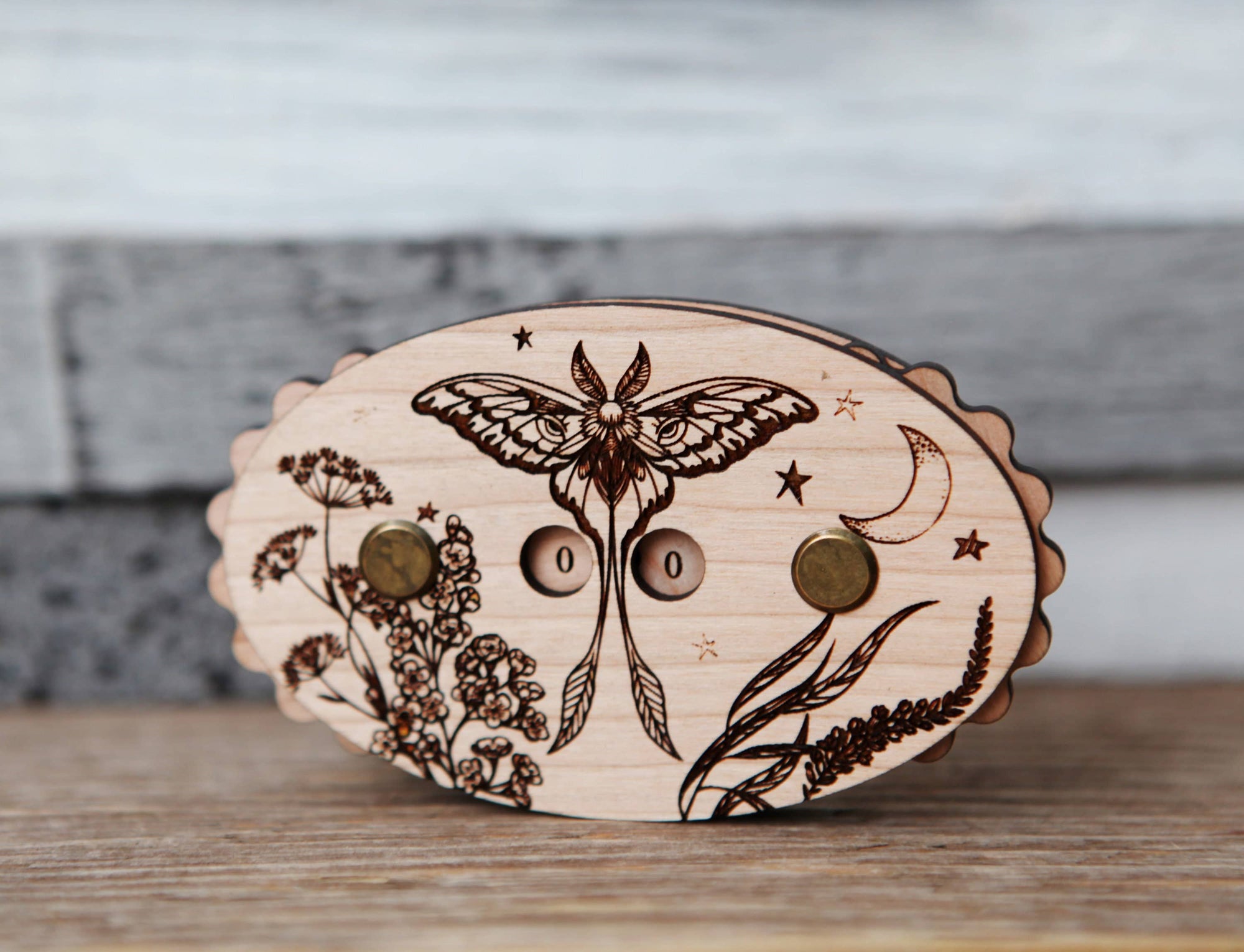 Sunrise Grove - Luna Moth Cherry Wood Knitting Row Counter with Stars & Moon