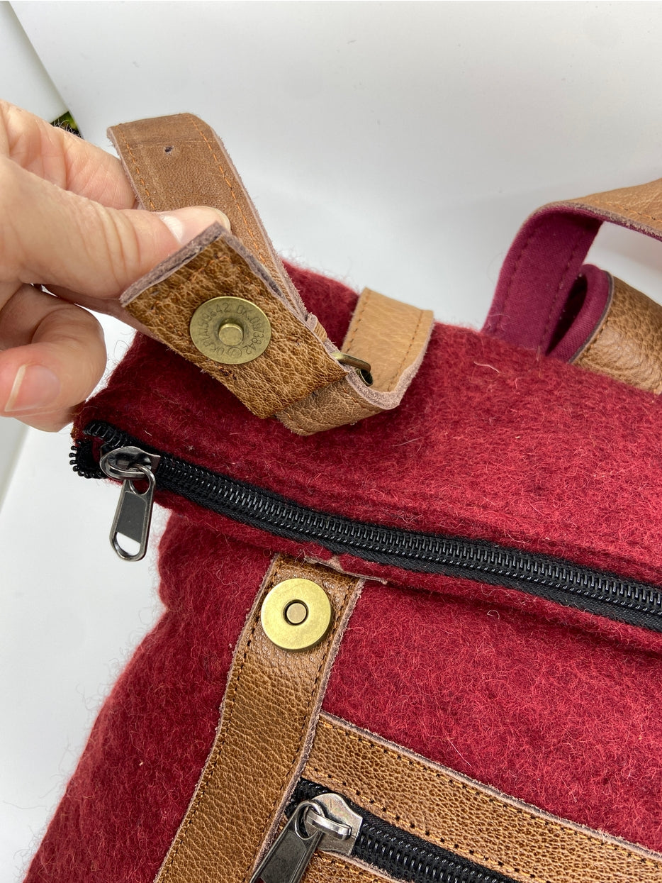 Fibres of Life Felt and Natural Leather Backpack - Brick