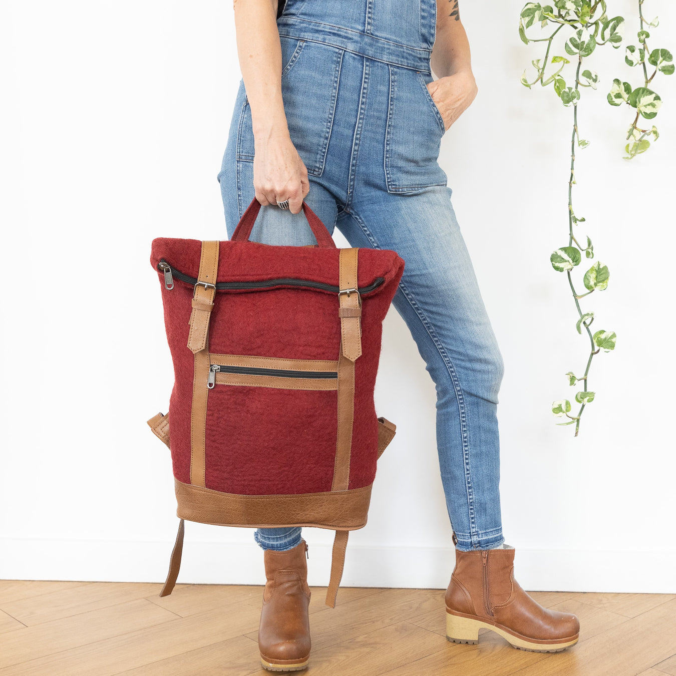 Fibres of Life Felt and Natural Leather Backpack - Brick