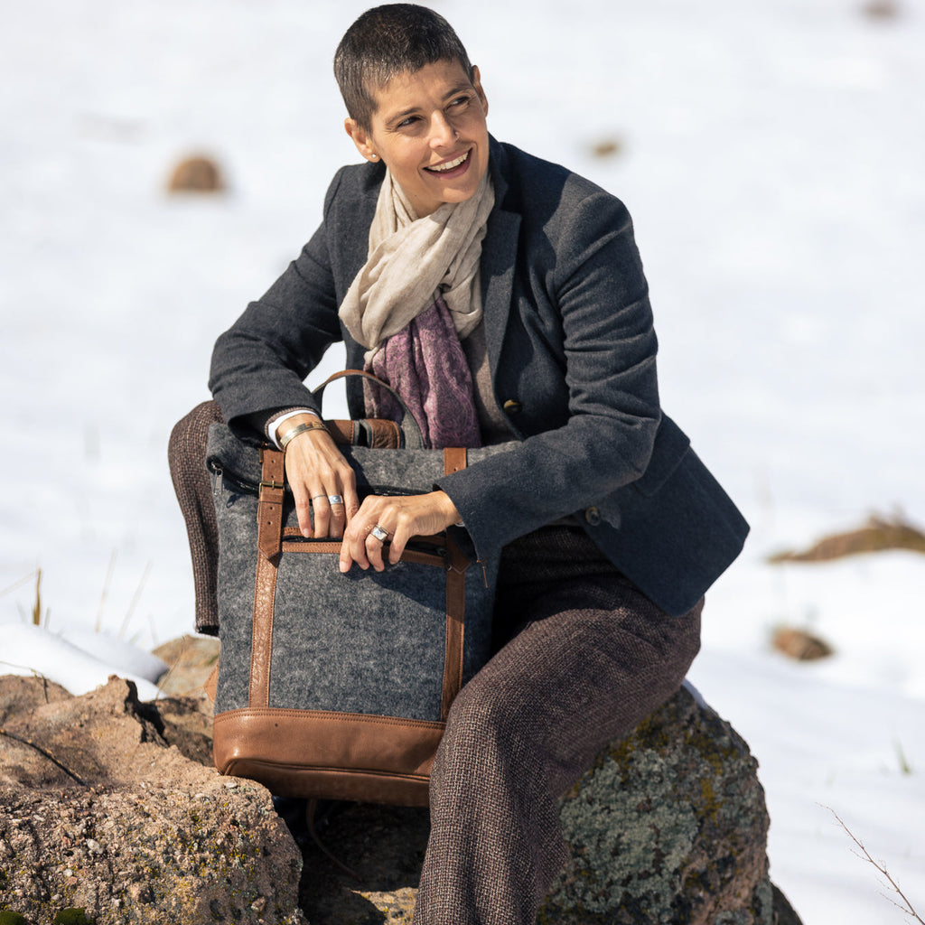 Fibers of Life Felt and Natural Leather Backpack - Flecked Steel - Miss Babs Notions