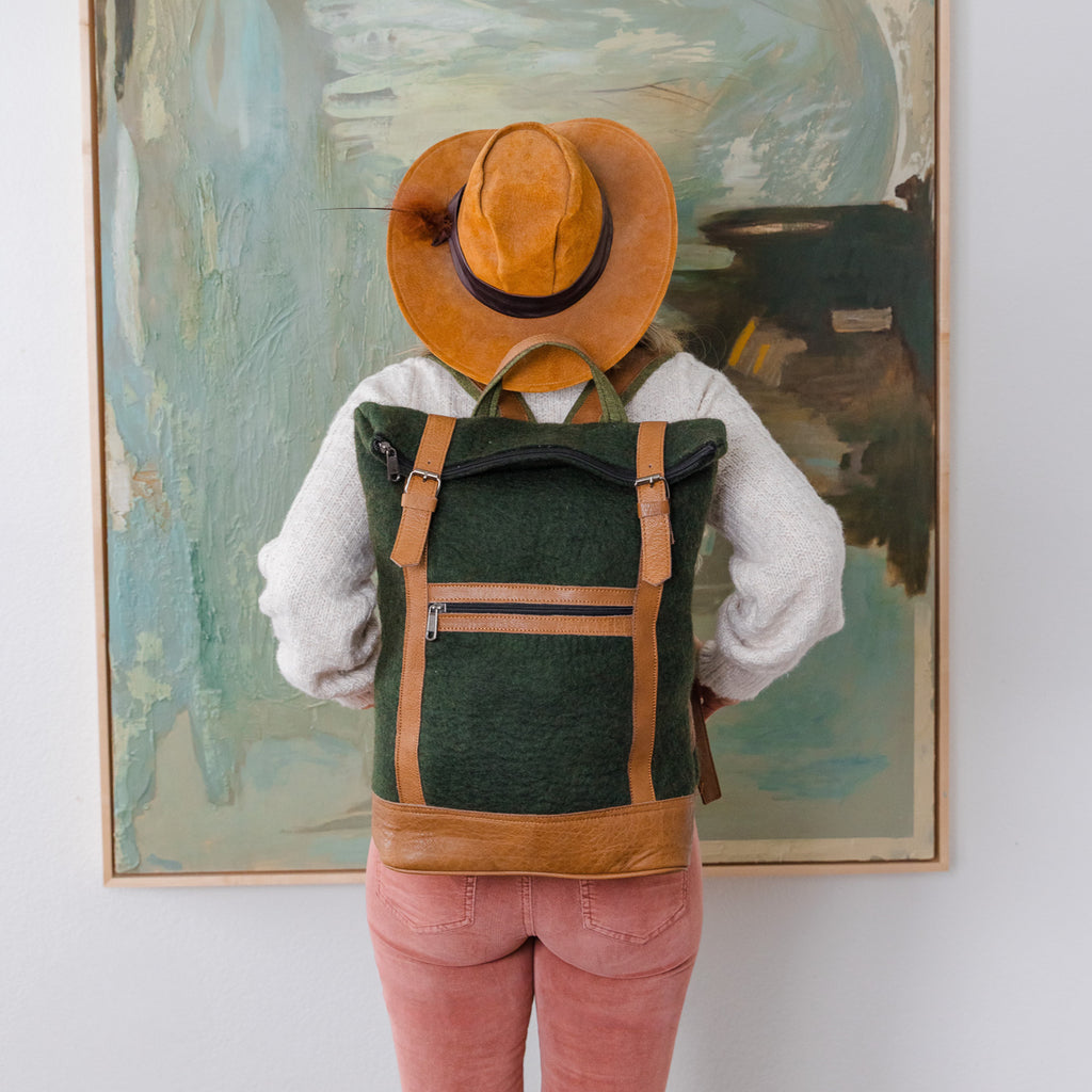 Fibres of Life Felt and Natural Leather Backpack - Forest