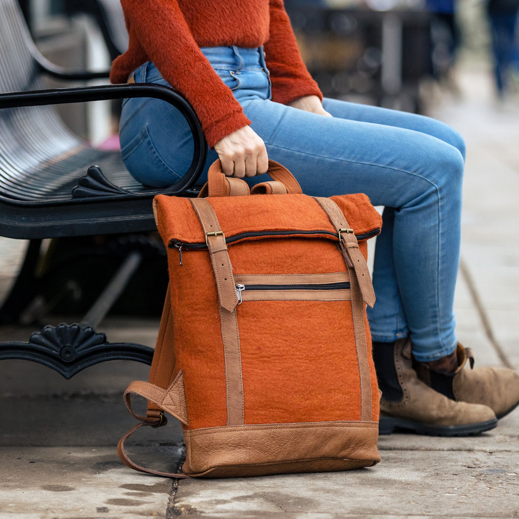 Fibres of Life Felt and Natural Leather Backpack - Pumpkin