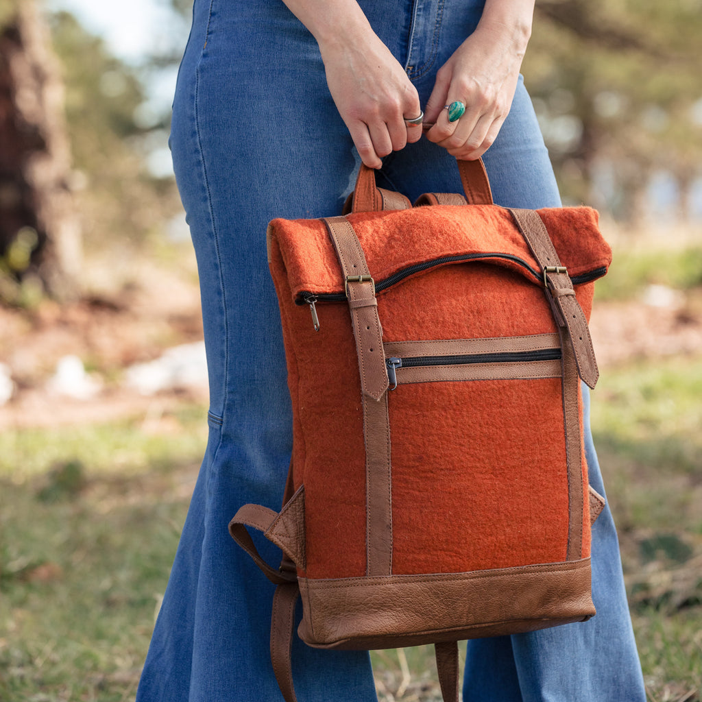 Fibres of Life Felt and Natural Leather Backpack - Pumpkin