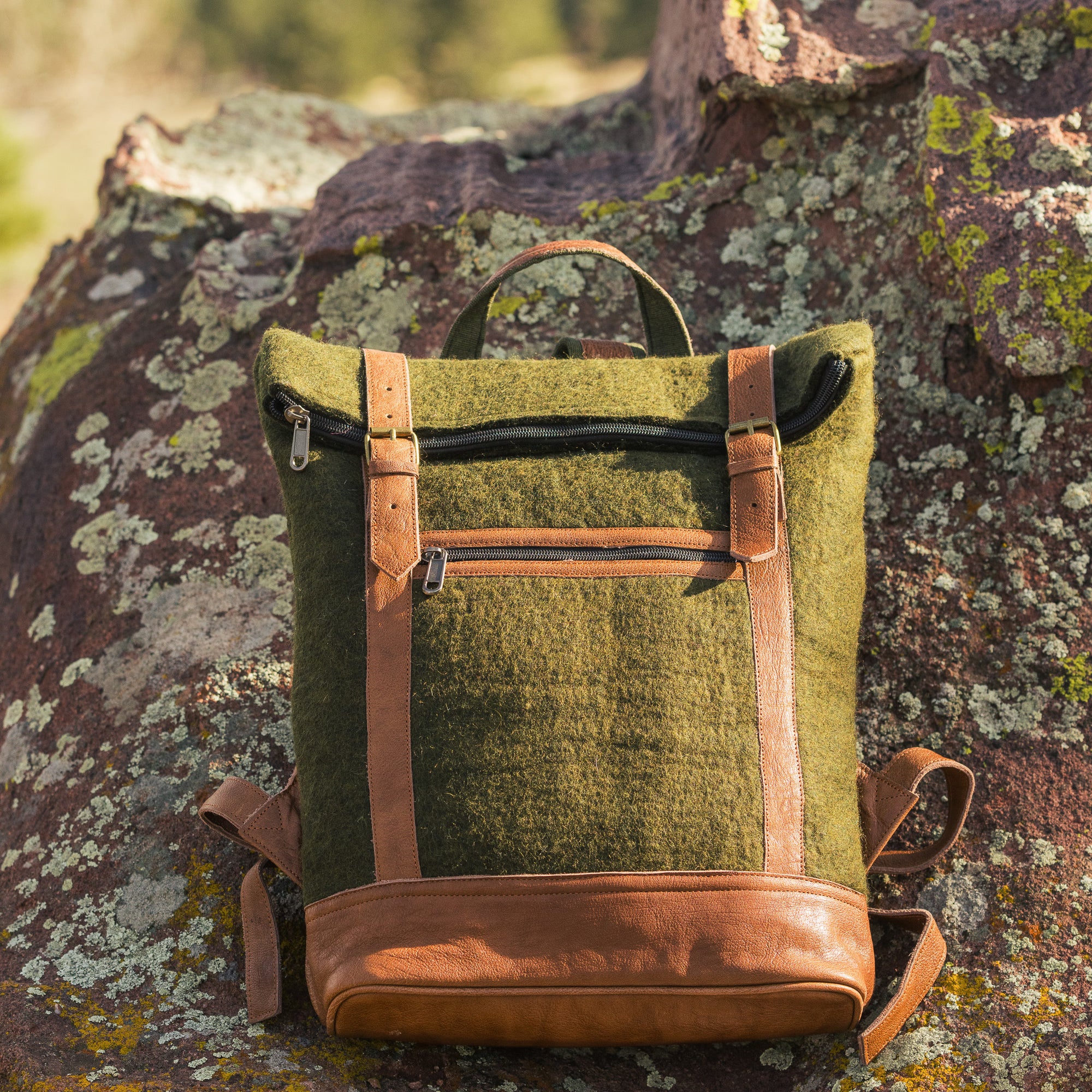 Fibres of Life Felt and Natural Leather Backpack - Olive