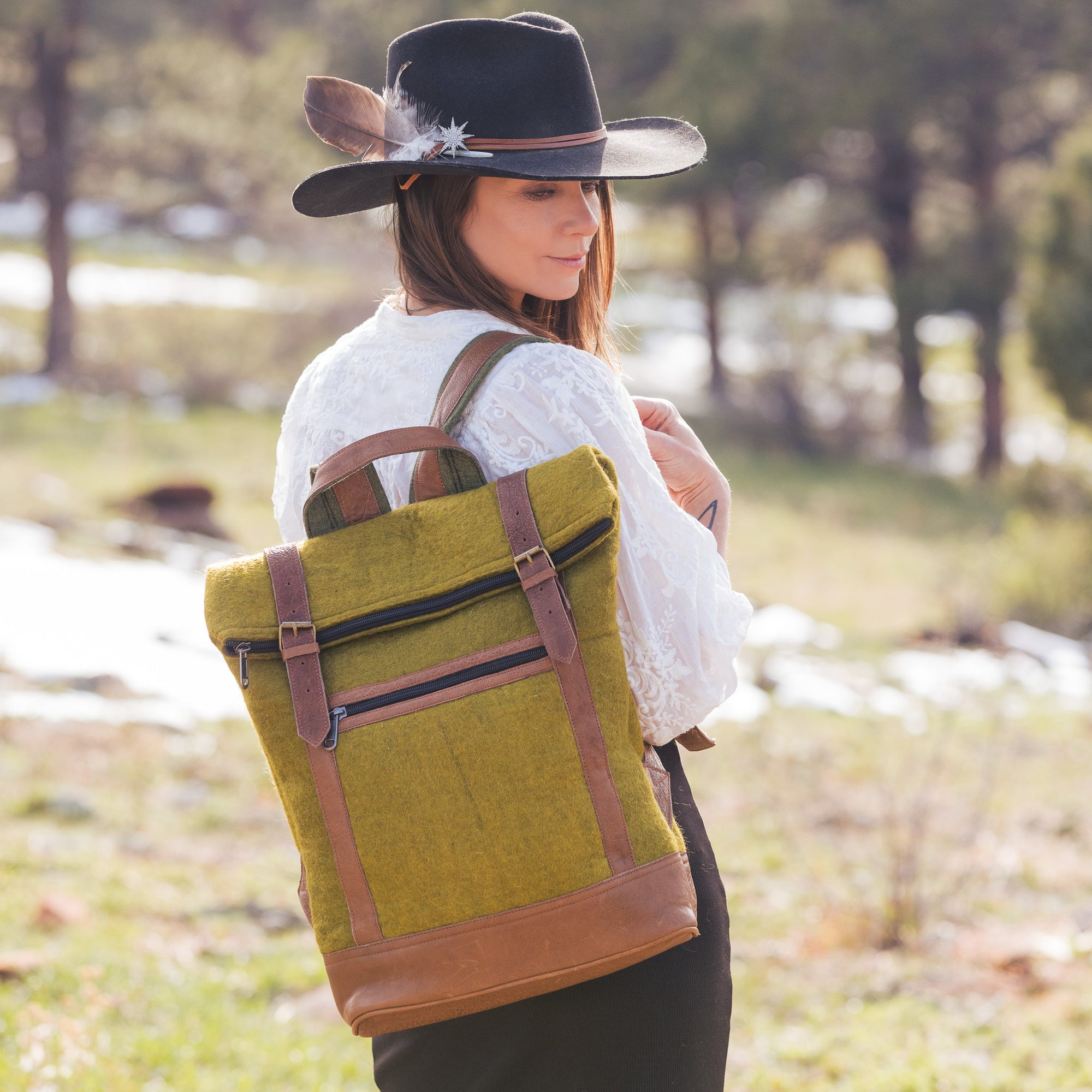 Fibres of Life Felt and Natural Leather Backpack - Olive