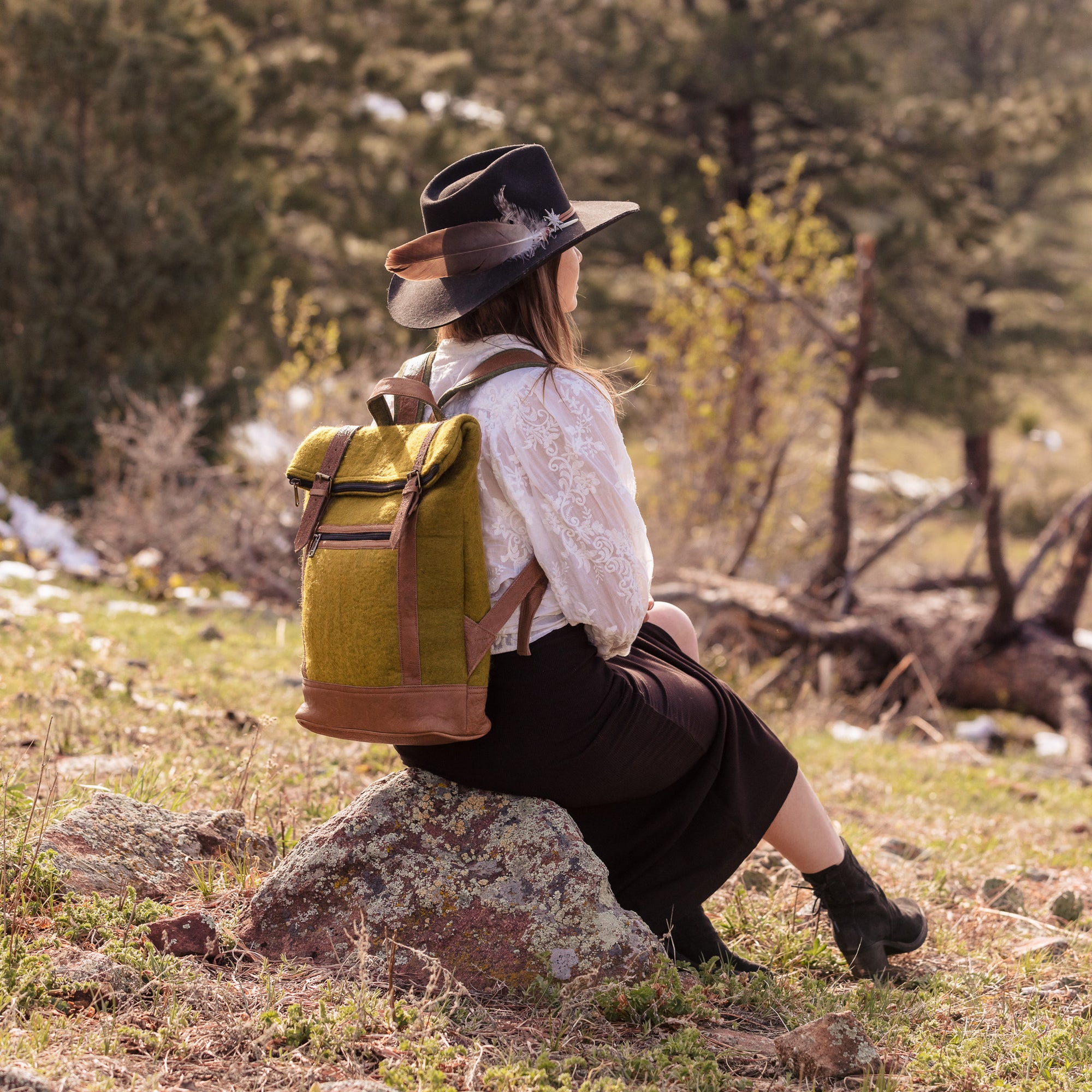 Fibres of Life Felt and Natural Leather Backpack - Olive