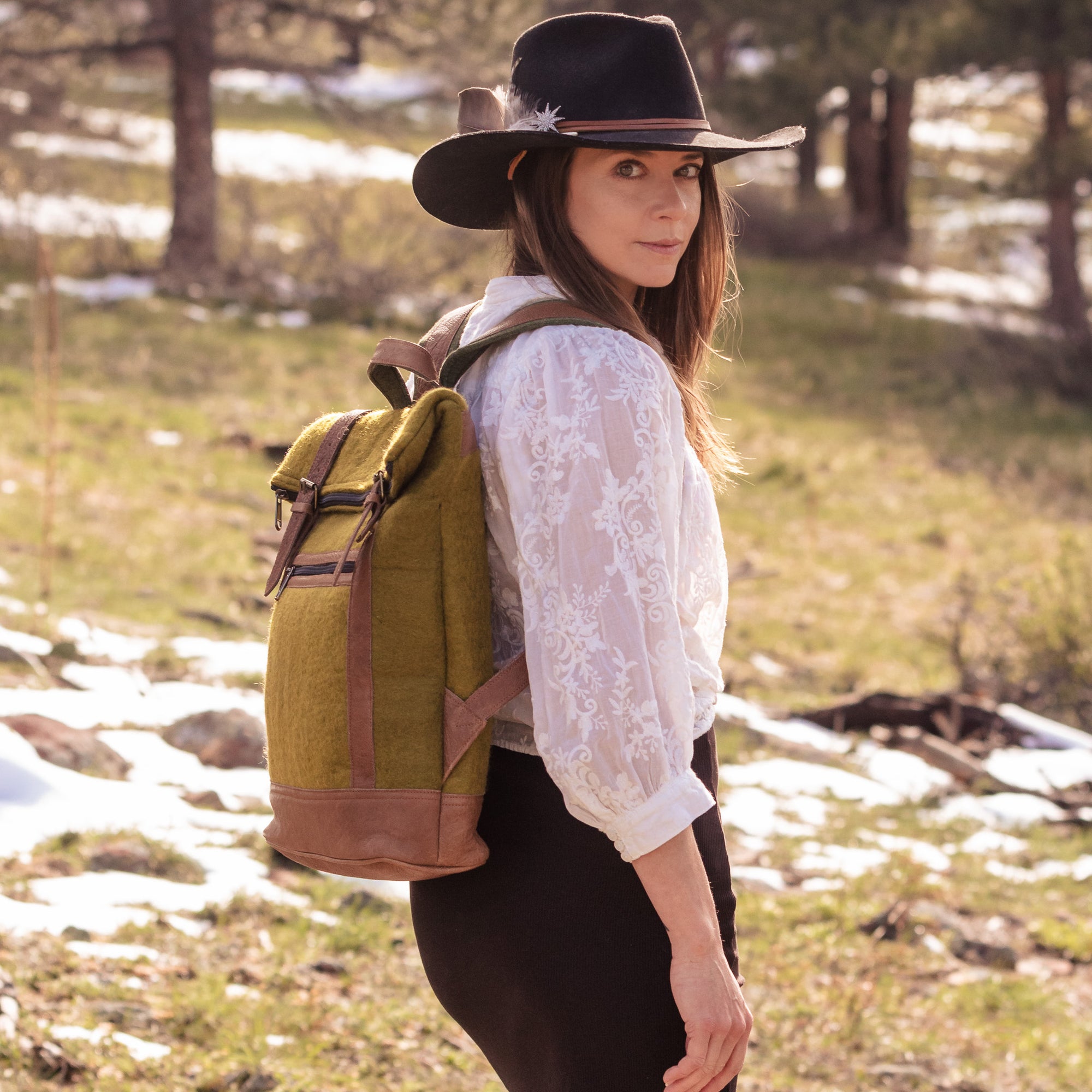 Fibres of Life Felt and Natural Leather Backpack - Olive