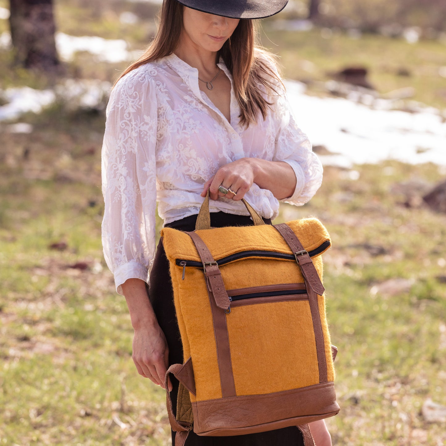 Fibres of Life Felt and Natural Leather Backpack - Turmeric